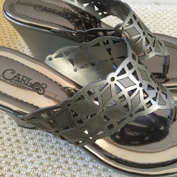 Carlos by Carlos Santana Madison Silver Die-Cut-Out Wedge Thong Sandal Sz7.5 #02 - Picture 2 of 8